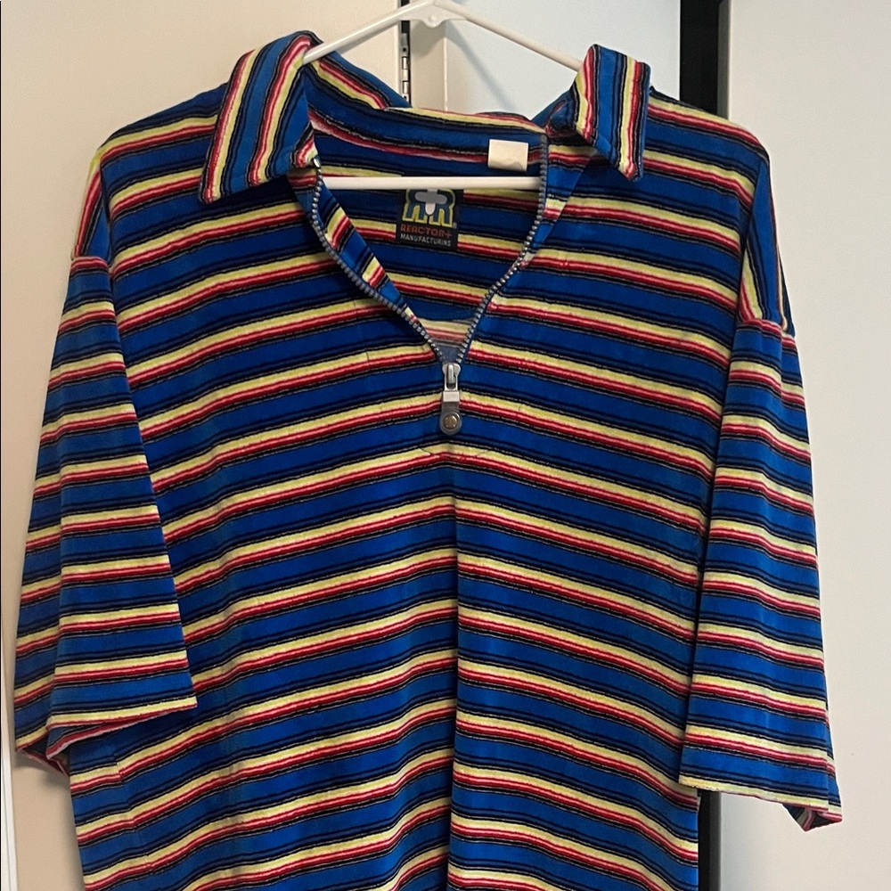 90s Striped Blue Zip-Front Polo Shirt by Reactor+